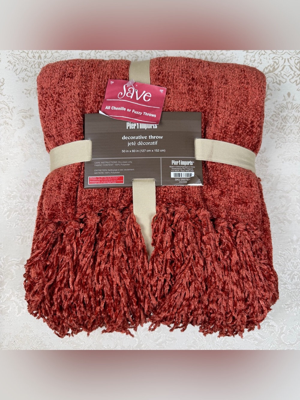 Pier 1 Rust Red Chenille Decorative Throw 50x60”